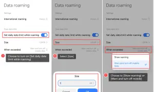 Jak włączyć roaming: włącz limit danych, wybierz rozmiar (np. 1 GB) i zdecyduj, czy chcesz ostrzeżenie, czy wyłączenie danych po przekroczeniu limitu.