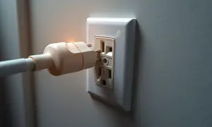 Wtyczka z pomarańczową poświatą zbliża się do gniazdka, sugerując napięcie w gniazdku i przepływ energii.