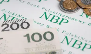 Polskie banknoty 100 i 200 zł oraz monety na tle dokumentu NBP. Symbolizują finanse, w tym odsetki od zaległości podatkowych.