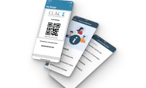 Schermate di un'app per la gestione di richieste e comunicazioni, con un badge QR e opzioni per inserire un rapportino di lavoro.