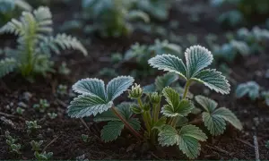 Młode sadzonki truskawek pokryte szronem, jakby zimni ogrodnicy (Pankracy, Mamert, Serwacy) już odwiedzili ogród.