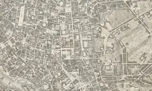 Stara mapa Rzymu, szczegółowy plan miasta z zaznaczonymi ulicami, placami i budynkami. Widać tu m.in. Piazza Navona i Palazzo Venezia. To cenne źródło do badań nad mpzp.