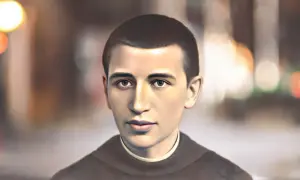 Młody mężczyzna w habicie, którego twarz przypomina świętego od pieniędzy, patrzy wprost.