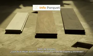 Tres tablones de madera de diferentes tonos sobre un suelo laminado o parquet. Info Parquet muestra opciones para tu hogar.