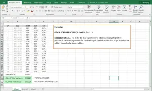 W Excelu formuła ODCH.STANDARDOWE oblicza odchylenie standardowe dla próby danych, np. z kolumny C.