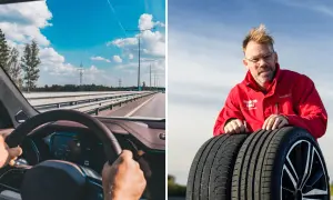 Föraren känner vibrationer i ratten på motorvägen. Bredvid visas en man med däck.
