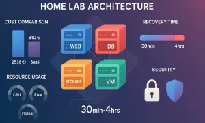 Architecture de labo domestique : stockage persistant pour Web, DB, VM et stockage. Coût, utilisation des ressources, temps de récupération et sécurité.