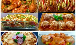 Pyszny obiad na niedzielę: pieczony kurczak z warzywami, zapiekanka, klopsiki w sosie, pieczeń i sałatka.