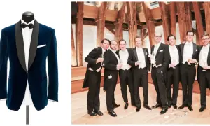 Ein blauer Samt-Sakko mit schwarzem Revers und Fliege, daneben eine Gruppe von Männern in klassischer Abendgarderobe mit Fracks und Fliegen.