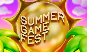 Złote słońce z napisem "Summer Game Fest" na tle fioletowego nieba z chmurkami. Zielone, soczyste kształty otaczają scenę.
