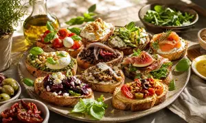 Plateau de crostini italiens variés : tomates, mozzarella, pesto, figues, saumon fumé, légumes grillés, olives.