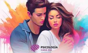 Pareja abrazada, con miradas melancólicas. El amor duele, pero la conexión es profunda. Fondo abstracto de colores vibrantes.