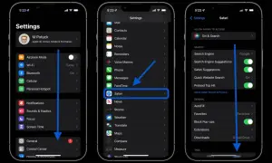 Ustawienia iPhone'a: wybierz Safari, aby wyczyść pamięć podręczną i zarządzać ustawieniami przeglądarki.