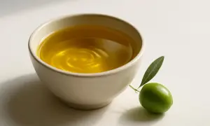 Una ciotola di olio dorato, con un'oliva verde e una foglia accanto. L'olio oleico, significato di purezza e salute.