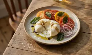 En krämig burrata, perfekt för en gravid mage, serveras med färgglada tomater, rödlök och basilika på en rustik tallrik.