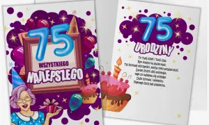 Wesołe kartki z życzeniami na 75 urodziny, z tortem, balonami i wesołą panią.
