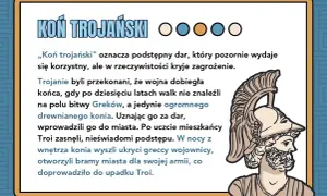 Ilustracja przedstawia greckiego wojownika w hełmie i tekst o "koniu trojańskim".
