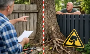 Mężczyźni dyskutują o maksymalnej wysokości drzew przy granicy działki. Obok drzewa znak ostrzegawczy.