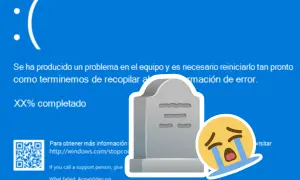 Pantalla negra de error de Windows con un emoji llorando y una lápida. El equipo ha muerto.