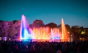 Spektakuläre Wasserspiele in Planten un Blomen erhellen den Abendhimmel in bunten Farben. Eine Menschenmenge sitzt im Gras und bestaunt die Lichtshow.