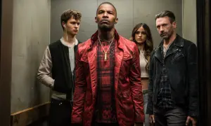 Jamie Foxx, Ansel Elgort, Eiza González och Jon Hamm i en hiss. Rollistan i Baby Driver ser ut att vara redo för action.