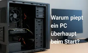 Ein offener PC mit Lüfter und Kabeln. Daneben ein Monitor mit der Frage: "Warum piept ein PC überhaupt beim Start?".