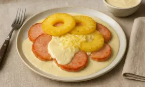 Kassler med ananas och ostsås, ett klassiskt kassler recept som ser utsökt ut.