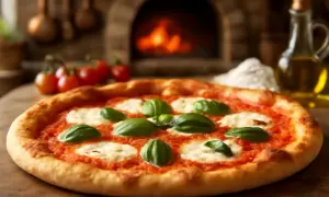 Une délicieuse pizza italienne, garnie de mozzarella fondante et de basilic frais, sort du four à bois.