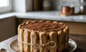 Un délicieux gâteau Charlotte Tiramisu, orné de biscuits à la cuillère et saupoudré de cacao.