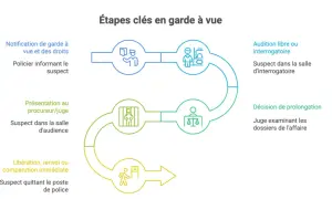 Schéma des étapes clés en garde à vue : notification des droits, interrogatoire, présentation au juge, décision et libération.