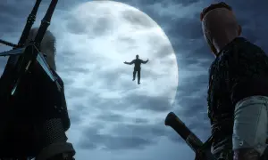 Wiedźmin 3: Kto sieje wiatr, ten zbiera burzę. Geralt i Vesemir obserwują unoszącego się mężczyznę na tle księżyca.