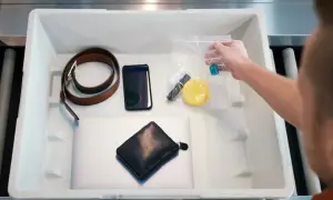 Kuba przygotowuje się do lotów, wykładając rzeczy do kontroli bezpieczeństwa: pasek, telefon, portfel, laptop i kosmetyczkę.