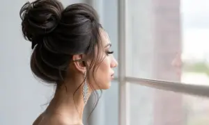 Elegancka fryzura wieczorowa z upiętymi włosami i długimi, błyszczącymi kolczykami. Kobieta patrzy przez okno, marząc o balu.