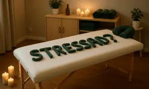 En massagebänk med bokstäver som bildar "STRESSED?". Ljus och handdukar skapar en lugn atmosfär, perfekt för att uppnå ingen stress.