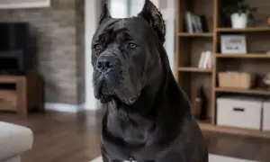 Czarny pies rasy Cane Corso siedzi w salonie. Zastanawiasz się, ile kosztuje Cane Corso?