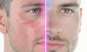 Visage d'homme divisé : peau rouge et acnéique à gauche, peau nette à droite. Un gommage avant ou après rasage peut transformer votre peau.