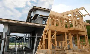 Dwa etapy budowy: betonowa konstrukcja i szkielet domu drewniano murowanego.