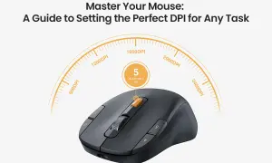 Schwarze Maus mit einstellbarem DPI-Regler. Der Text "Master Your Mouse: A Guide to Setting the Perfect DPI for Any Task" und eine Skala von 800 bis 2400 DPI sind sichtbar.