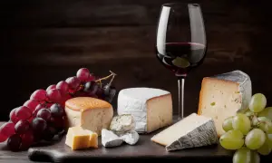Assortment of cheeses, grapes, and a glass of red wine on a dark wooden board.