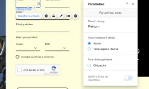 Paramètres du champ "Prénom" dans un tuto Wix. Configuration des options de texte et des paramètres généraux.