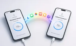 Przenoszenie z Androida na iOS: dane z jednego telefonu płyną tęczowym strumieniem do drugiego, pokazując postęp 72%.