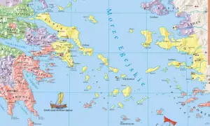 Mapa starożytnej Grecji z zaznaczonymi wyspami, lądami i morzem.