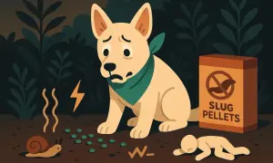 Besorgter Hund neben Schneckenkorn-Packung. Eine Schnecke und ein Blitzsymbol deuten auf Gefahr hin.
