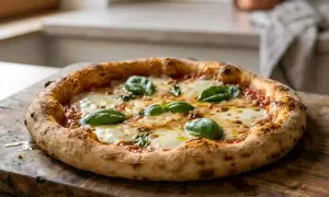Pizza Margherita parfaite, avec une croûte dorée et moelleuse, idéale pour votre recette pâte à pizza moelleuse.