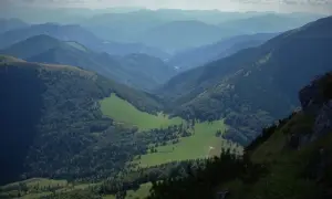 Malownicza dolina w Małej Fatrze, zielone łąki i lasy, idealne na szlaki.