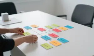 Ręce układają kolorowe karteczki z napisami na stole, tworząc schemat.