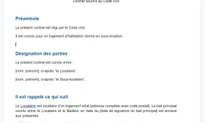 Contrat de sous-location d'un logement d'habitation. Ce document détaille les parties et les conditions de la sous-location, similaire à un contrat Airbnb.