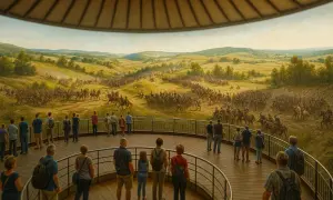 Zwiedzający podziwiający panoramę bitwy pod Racławicami. Ile trwa zwiedzanie? To zależy od zaangażowania!