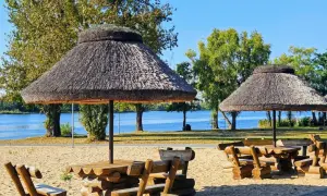 Drewniane stoły z ławami pod strzechą na plaży w Rogoźno Wielkopolskie, nad błękitną wodą.