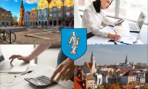 Kolaż: Rynek w Olsztynie, kobieta z kalkulatorem i laptopem, herb miasta, panorama Olsztyna.